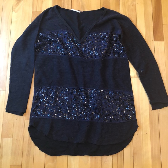 Free People Navy Sequin Sweater Sz M - Picture 2 of 5